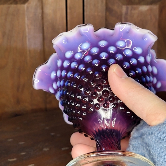 Fenton Art Glass Plum Opalescent Hobnail Ruffled Compote. - Picture 6 of 17
